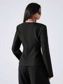 LYSMO Áo khoác blazer nữ cổ vuông tay dài cài nút đơn màu thời trang - màu đen - Xem 2