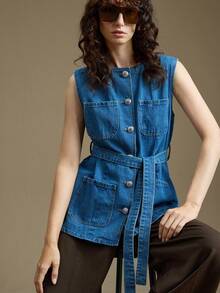 Ontre Women's Casual Washed Denim Sleeveless Jacket With Belt, Simple And Elegant Business Casual Outerwear For Autumn/Winter - Medium Wash - View 3