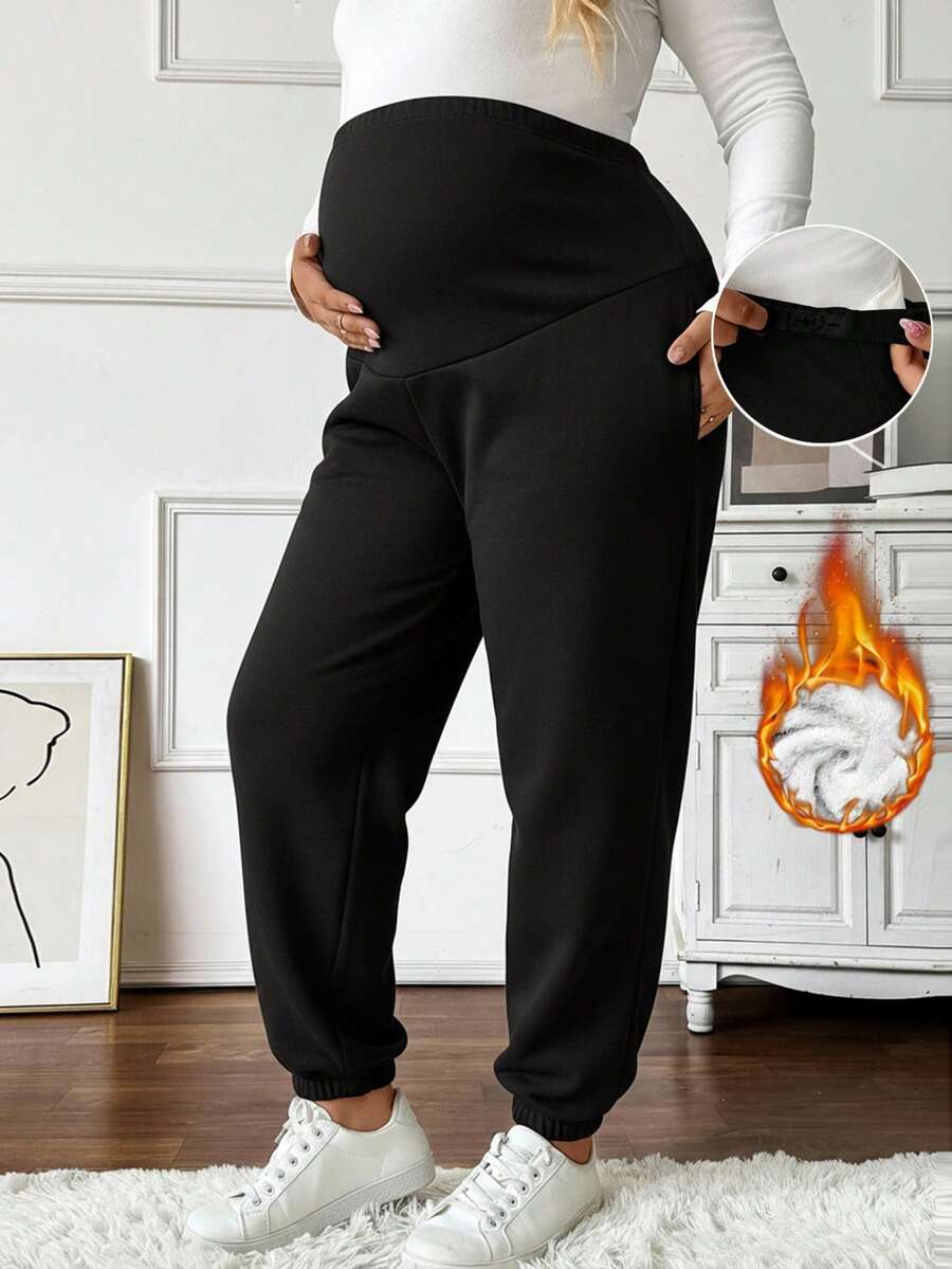 SHEIN 大码孕妇纯色休闲保暖裤 - 黑色 - 查看 1