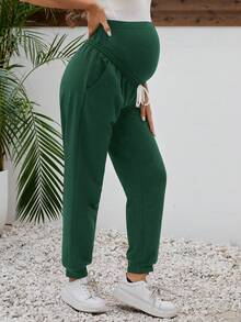 SHEIN Maternity Solid Color Casual Pants - Dark Green - View 4