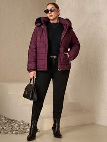 Chikora 大码女式高级紫红色绗缝拉链连帽羽绒服，带口袋、保暖毛领、可拆卸毛领，温暖舒适，高品质可拆卸保暖毛领，2025新款，舒适保暖，抵御寒冷，大码女式长袖口袋休闲外套，秋季女装，冬季女装，复古风，外出，秋冬外套 - 中紫紅色 - 查看 5