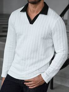 Manfinity CasualCool 1 pièce Polo à manches longues col en V avec bordure contrastée, décontracté pour homme, convient pour le printemps et l'automne, pour le golf. Chemise de luxe texturée noir et blanc