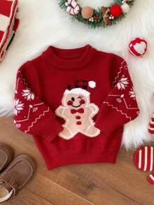 SHEIN Áo len Giáng sinh đỏ Unisex cho bé, Áo chui đầu cổ tròn dệt kim Jacquard hình người bánh gừng và bông tuyết, Quần áo mùa đông dễ thương cho bé, Giáng sinh đầu tiên của tôi - Nhiều màu - Xem 2