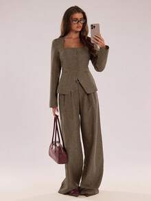 SHEIN BAE Distinctive Square Collar Design Office Blazer - Brown - View 5
