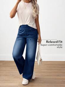 Flexra Celana Jeans Wanita Pinggang Tinggi dengan Kantong, Potongan Lebar, Longgar, Kasual, Serbaguna - Medium Wash - View 2