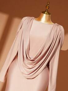 Rometta Plus Size Women Elegant Round Neck Banquet Draping Shoulder Formal Gown, Ruched Design Fitted Mermaid Dress - Pink - View 6