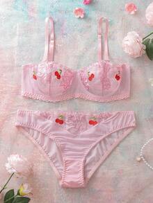 樱桃刺绣拼布女士钢圈文胸内裤内衣套装 - 粉色 - 查看 3