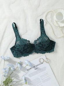 1pc Romantic French Floral Lace Underwire Adjustable Strap Bra - Dark Green - View 3