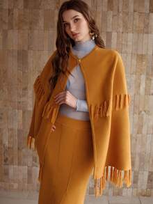 MOTF PREMIUM FRINGED SHAWL CAPE CARDIGAN - Mustard Yellow - View 4