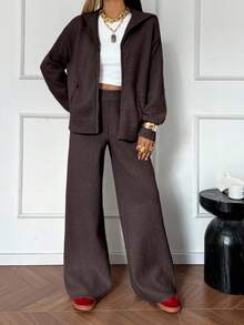 DAZY 两件套女士纯色落肩长袖拉链连帽开衫毛衣套装 - 棕色 - 查看 3