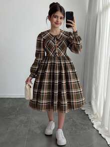青少年女孩宽松休闲简约舒适翻领格子长袖连衣裙 - 卡其色 - 查看 1
