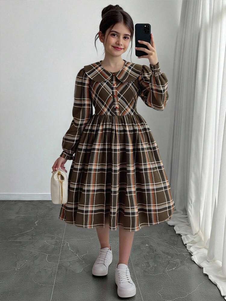 青少年女孩宽松休闲简约舒适翻领格子长袖连衣裙 - 卡其色 - 查看 1