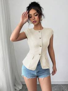 Selianne Women's Round Neck Cap Sleeve Fitted Vest Shirt - Apricot - View 7