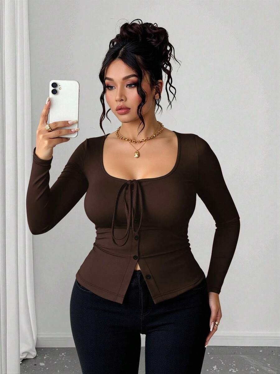 Elenzga Camiseta casual con lazo delantero y botones, talla grande - Marrón - Ver 1