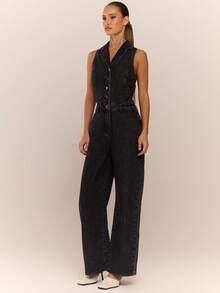 MUSERA 无袖纽扣收腰阔腿牛仔连体裤，酷女孩街头风日常休闲秋冬款 - 黑色 - 查看 3