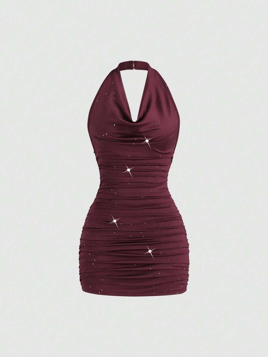 Sweetra Women's New Sexy Backless Ruched Waist Slim Fit Shiny Wrap Dress, Suitable For Daily Commute, Graduation, Independence Day Party - Red Violet - View 1