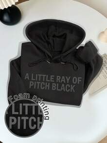 INAWLY Women's Fashion Slogan Print Drawstring Hooded Sweatshirt - Black - View 1