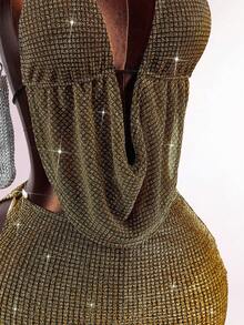 Y2K Amplova Women's Plunging Neck Glitter Halter Top And Bodycon Mini Skirt Sexy Fashion 2-Piece Set Autumn/Winter Thanksgiving And New Year Gold Clothes Sexy Club Outfits Women,Party Dresses For Women - Multicolor - View 6