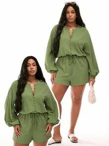 SHEIN Unity Salopetă Plus Size cu decolteu în V, umeri căzuți, mâneci tip lanternă, talie cu șnur și lejeritate - Verde - Vizualizare 2