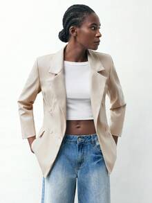 Maija 女士休闲时尚纯色双排扣翻领西装外套秋冬女装 - 杏色 - 查看 3