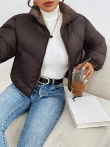 SHEIN Frenchy Women's Solid Color High Collar Winter Thermal Lined Zip-Up Long Sleeve Padded Coat Brown Casual