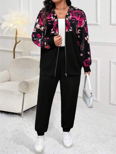 Elenzga Conjunto informal de 2 piezas con estampado y patchwork para mujer talla grande