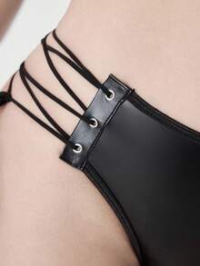 ROMWE Grunge Punk 女士暗黑朋克风PU镂空系带丁字裤 - 黑色 - 查看 2