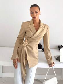 Siren Gaze Áo khoác Blazer nữ cổ ve trơn màu dài tay trang trí kim loại thời trang dành cho nữ Áo khoác Blazer nữ Áo khoác Blazer nữ Áo khoác đầm màu nâu - Màu Khaki - Xem 2