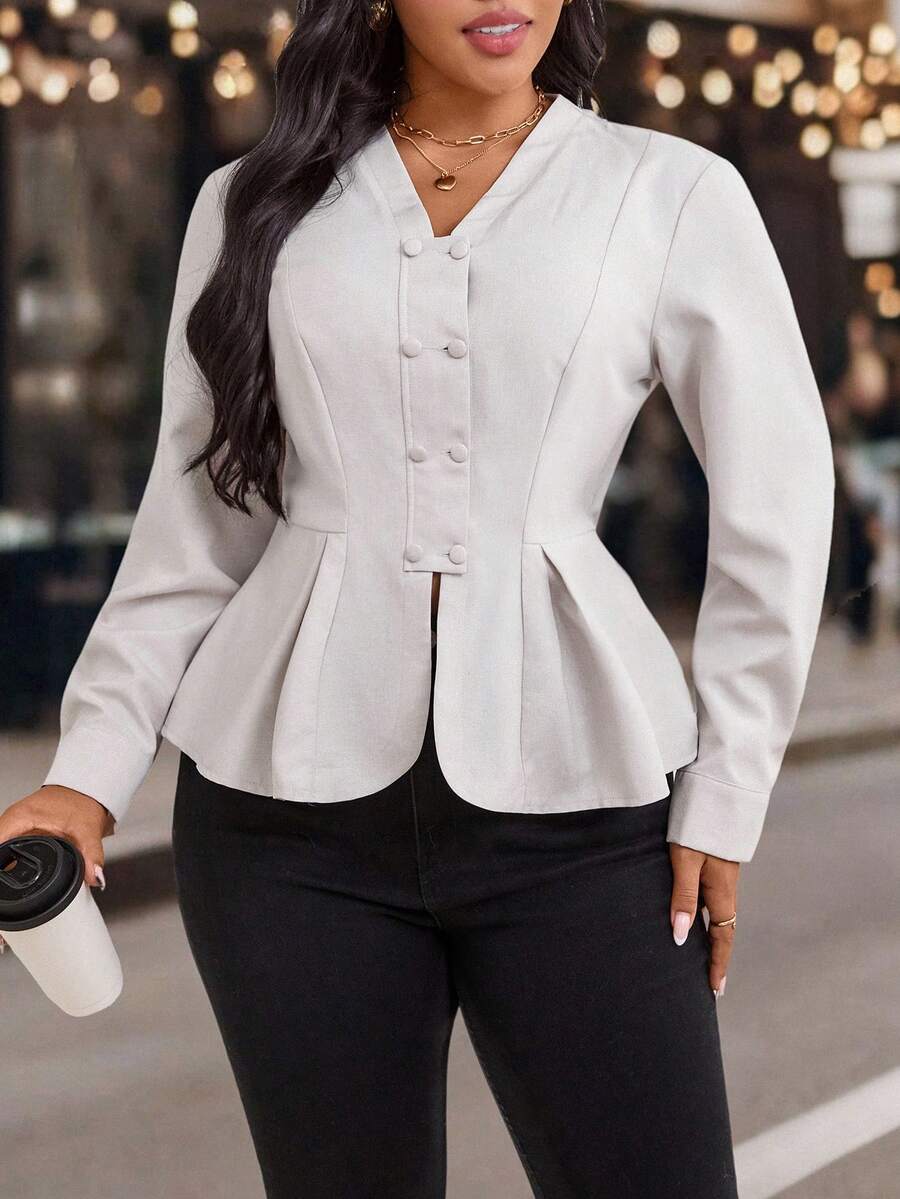 EMERY ROSE New Plus Size Women Umbrella Hem Cardigan, Elegant Blouse, Versatile Top, Refined Plus Size Apparel, Suitable For Commute, Date, Daily Wear - Apricot - View 1