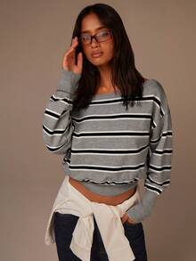 Athîral Áo dệt kim ôm dáng nữ kiểu dáng thường ngày, vai lệch, sọc xám đen, thích hợp cho mùa thu đông, mềm mại và thoải mái, áo sọc, áo len croptop, áo dài tay sọc, trang phục cho năm mới. - Xám - Xem 5