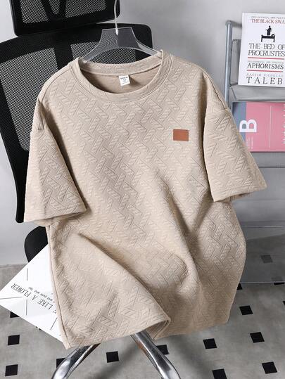 Teenage Boys' Summer Geometric Textured Fabric Sports Street Casual Minimalist Fashion Loose Small Logo Embroidery Round Neck Loose Short Sleeve T-Shirt