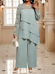 SHEIN Lady New Year Elegant Thanksgiving New Year Elegant Women's Set Plus Size Elegant Commuter Solid Color Lace Patchwork Asymmetric Hem Shirt & Pants 2 Pieces Set - Multicolor - View 5