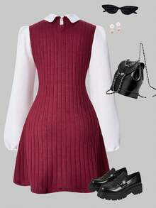 SHEIN ChillGRL Teens' Casual Patchwork Solid Color Long Sleeve Short Dress, Suitable For School, Commuting, Outing, Can Be Paired With Jackets, Coats, Windbreakers