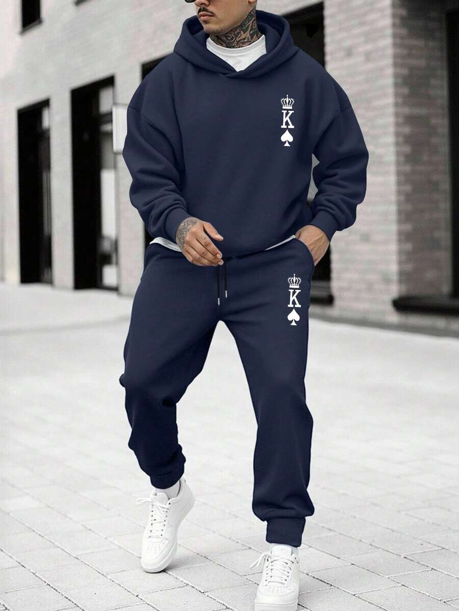 Manfinity Homme 2pcs Men's Casual Spade K & Crown Graphic Print Hooded Sweatshirt And Sweatpants Set, Fall/Winter Cozy Fall & Winter Style Winter Outfits, Thermal Lined - Navy Blue - View 1