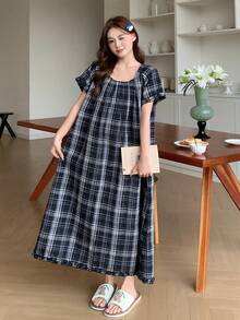 DAZY Plaid Ruched Design Frill Trim Loose Fit Women Casual Dress