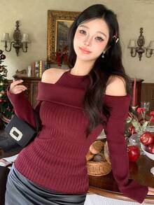 DAZY Damen eleganter Off-Shoulder einfarbiger Pullover, Herbst - Bordeaux - Übersicht 4