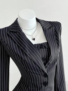 Elamini 2pcs Women's Striped Suit Set: Black Lapel Blazer Jacket And Pleated Dress, Commuting & School Style For Autumn/Winter - Navy Blue - View 6