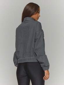 MUSERA 拉链式不对称叠层拼接牛仔飞行员夹克，秋冬街头风，酷炫夜店日常性感缟玛瑙时尚春夏款 - 灰色 - 查看 4