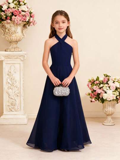 Pitira Gaun Halter Elegan untuk Anak Perempuan Remaja, Putih Gading, Cocok untuk Pernikahan, Gaun Pengiring Pengantin.