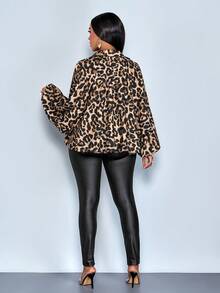 SOLERSUN Women's Elegant Leopard Print Brown Checkered Zip-Up Oversized Bomber Jacket,Raglan Sleeve Fall/Winter Chic Outerwear Coat,Autumn Night Out Style - Brown - View 2