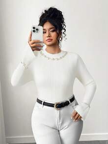 Elenzga Plus Size Women Elegant Beaded French Flare Sleeve Knit Pullover