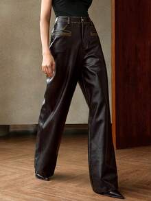 Anewsta Petite Women's Elegant & Fashionable Leather Pants, Autumn/Winter - Black - View 7