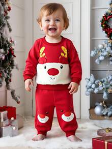 Cozy Pixies 2pcs/Set Baby Boy/Girl Christmas Reindeer Pattern Contrast Color Knit Soft Round Neck Long Sleeve Pullover Sweatshirt And Elastic Waist Ankle Length Pants, Comfortable Versatile Casual Basic Style, Suitable For Indoor, Outdoor, Daily Wear, Sports, Play, Party, Festival, Halloween, Christmas, New Year In Autumn/Winter - Red - View 4
