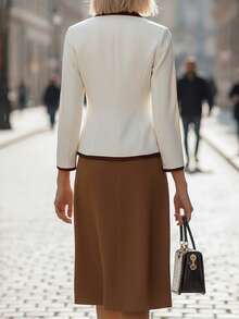 EMERY ROSE Women's Single-Breasted Contrast Trim Blazer & A-Line Skirt Elegant Casual Commute Fashion French Street Vintage Business Holiday Outfit, Apricot Blazer & Brown Skirt, Autumn/Winter 2-Piece Suit - Multicolor - View 2