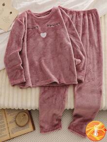 女童舒适卡通刺绣长袖上衣和裤子睡衣套装，秋冬 - 粉色 - 查看 7