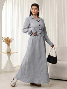 Modelyn 2pcs Women Front Button Long Sleeve Top And Skirt Set, Fashionable For Outings In Autumn/Winter - Light Grey - View 5