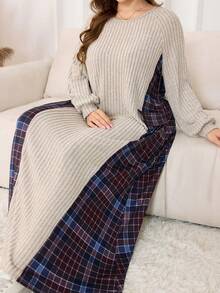 Lacomfia 女士加大码长袖圆领磨毛格子拼接仿口袋针织简约优雅两件套 - 杏色 - 查看 1