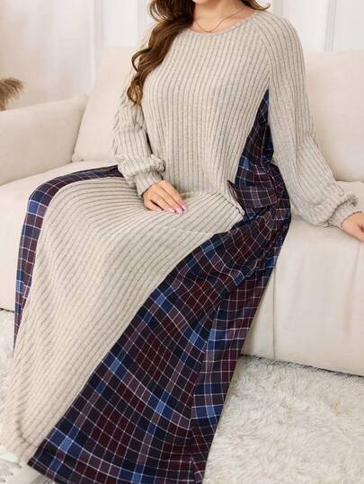 Lacomfia 女士加大码长袖圆领磨毛格子拼接仿口袋针织简约优雅两件套