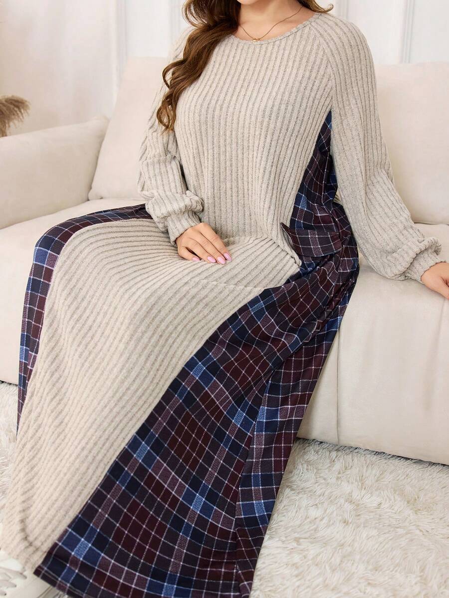 Lacomfia 女士加大码长袖圆领磨毛格子拼接仿口袋针织简约优雅两件套 - 杏色 - 查看 1