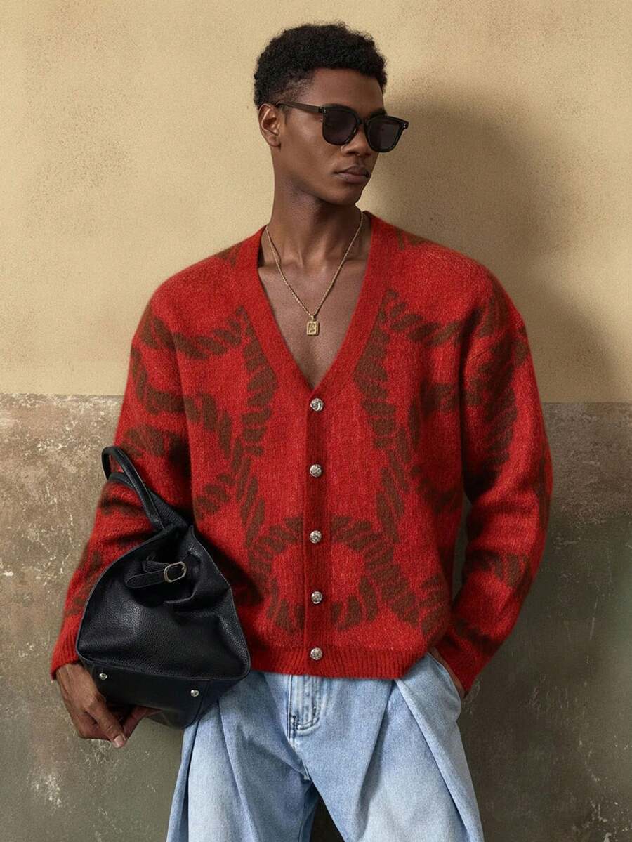 AKNOTIC Men's Casual Fashion - Loose Button-Up Cardigan Sweater - Contrast Jacquard Pattern - Machine Washable Or Dry Clean - Suitable For Autumn/Winter - Red - View 1